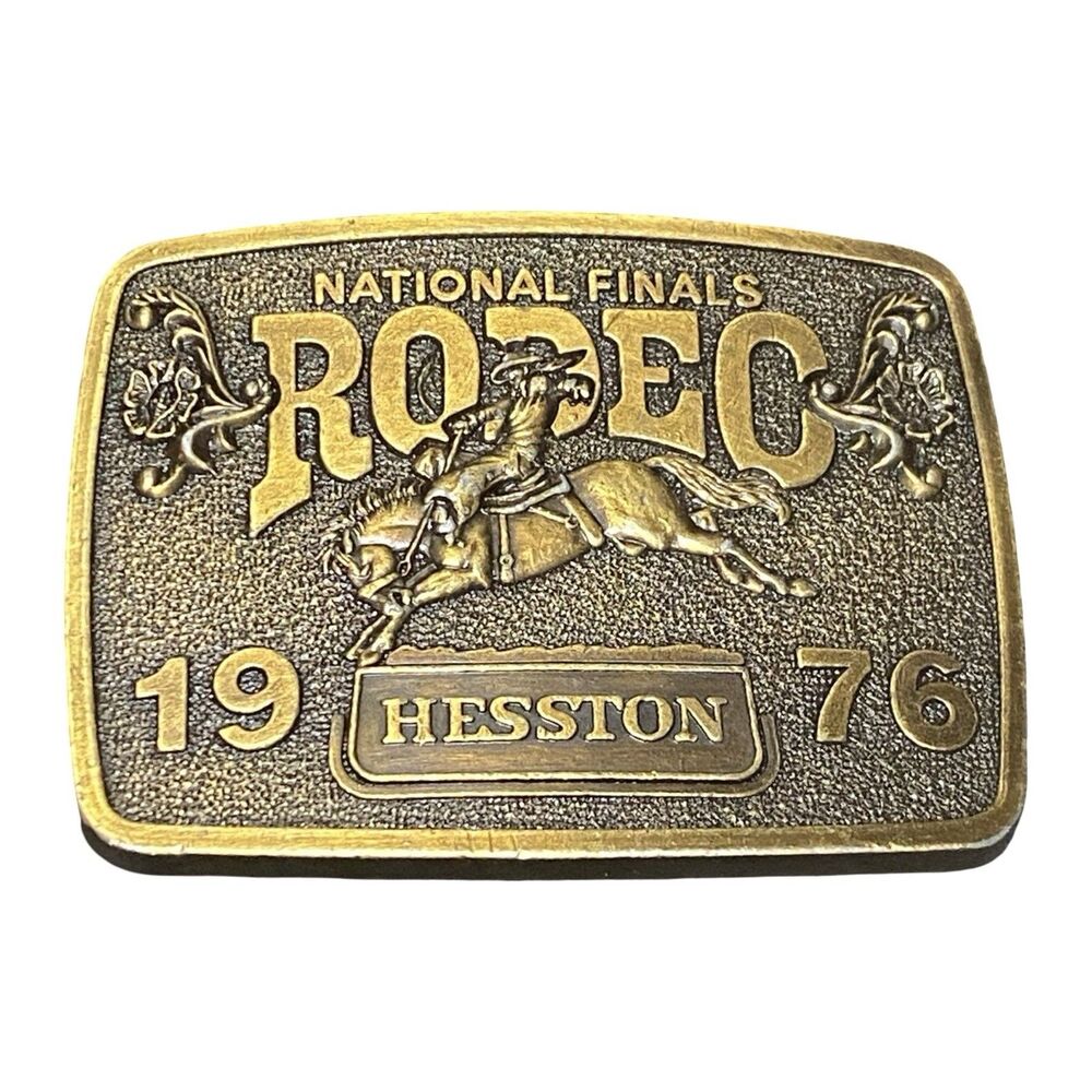 1976 Hesston National Finals Rodeo Brass Belt Buckle Bronc Rider Cowboy Western